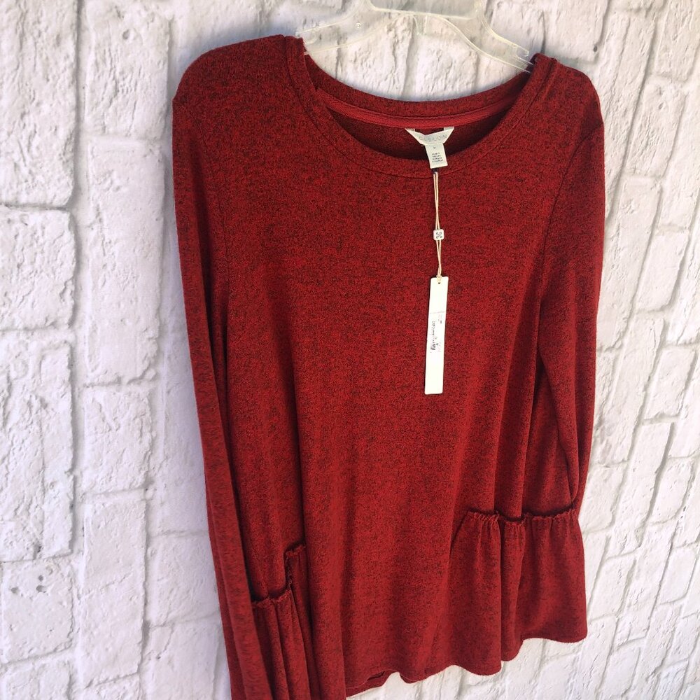 Caslon, Medium, Deep red with black thread, Loose-fit with gathered flair